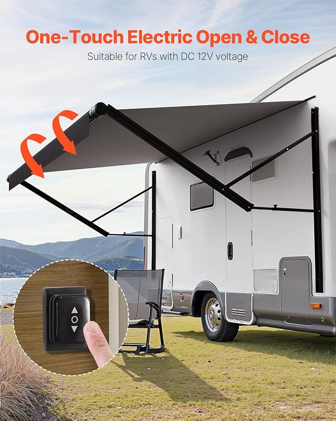 VEVOR Motorized RV Awning Complete Kit, 14' Retractable Awning with Aluminum Alloy Frame, Outdoor Trailer Awning, Fit for Most RVs(Black Fade)
