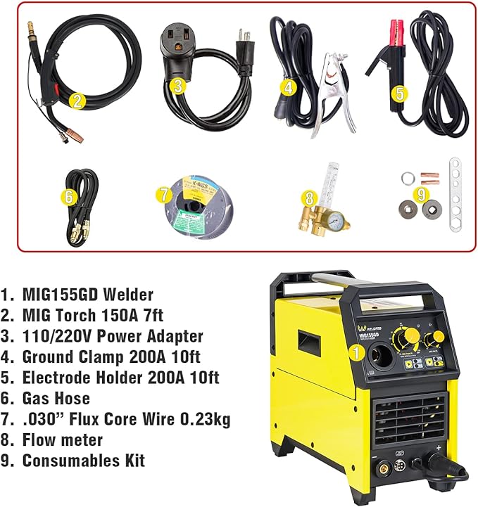 Weldpro 155 Amp MIG Welder, 110V/220V Flux Core MIG/Gas MIG/Spool Gun/Stick 4 in 1 Welding Machine with Synergy, IGBT Inverter Portable Gasless Welder Equipment, Aluminum Spool Gun Compatible