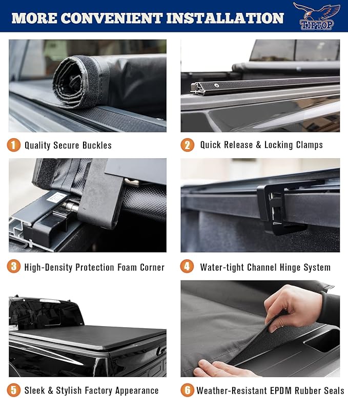 TIPTOP Soft Roll-Up Tonneau Cover Truck Bed for 2007-2025 Silverado/Sierra 1500 & 2007-2019 2500 3500 HD 6.6ft Bed (78.9") | TP1 |Not for CarbonPro Bed|