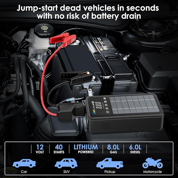 JIYHF 3000A Jump Starter with Air Compressor 150PSI Tire Inflator-12V Lithium Battery 8.0L Gasoline and 6.0L Diesel Engines, Portable Jump Box with Solar Panel and PD 45W Fast Charge