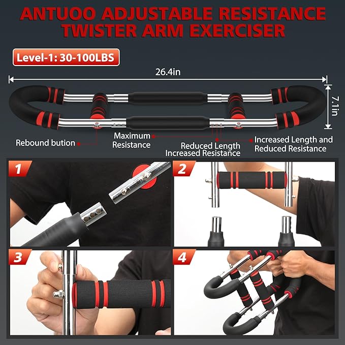 Twister Arm Trainer, 30-100lb Adjustable Chest Workout Bar, Power Twister Arm Trainer for Men, Chest Workout Equipment, Forearm Strengthener Arm Trainer