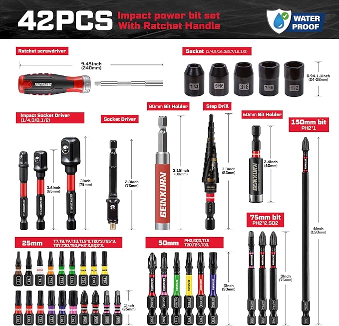 42Pcs Tools Set Packaged with Heavy-duty Tool Box, Include Screwdriver Bits, Bit Holder, Sockets, Socket Adapter, Step Drill, Socket Driver and Ratchets Screwdriver for Home Repairs