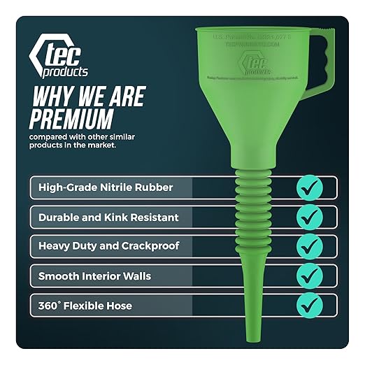 TEC Products FlexAll Long Flexible Funnel for Automotive Use - Durable Nitrile Rubber - Ideal for Car Oil Change, Transmission Funnel Fluid, Diesel, Fuel, Gas - Made in USA - Green (16 x 5 Inches)