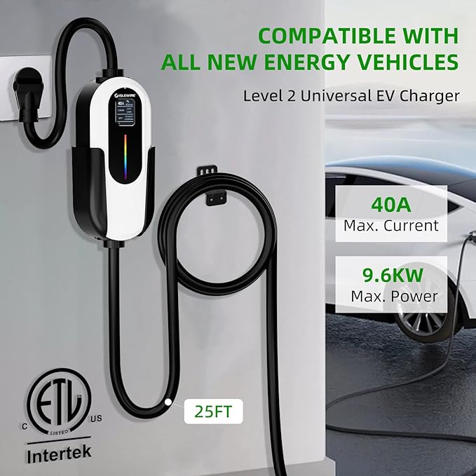 Level 2 EV Charger 40A 240V, 9.6kW Fast Charging with WiFi & APP Control, Plug-and-Play Portable EVSE, Adjustable Current & Delay Timer, 25FT Cable, NEMA 14-50 Plug, ETL Listed for All SAE J1772 EVs