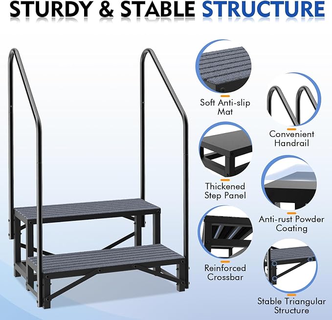 2-Step RV Steps with Dual Handrails, Heavy-Duty Mobile Home Ladder Portable Stairs for RV, Hot Tub, Outdoor Porches with Non-Slip Mats