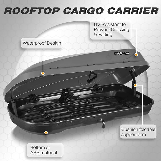Gray Rooftop Cargo Box Carrier Large 13 Cubic Feet Car Top Mount Travel Luggage Storage, Dual Side Opening, Roof Cargo Boxes Waterproof Rooftop Storage Box Extra Keys, Straps