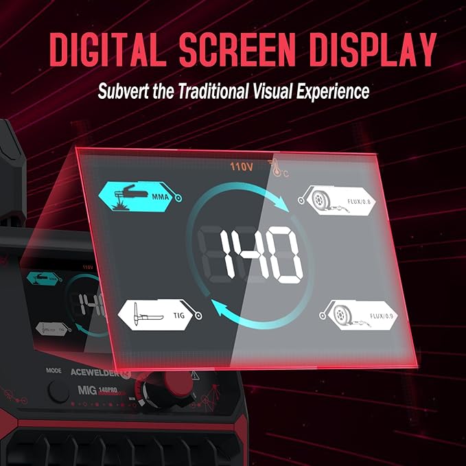 140A MIG Welder, 3 in 1 Flux Core, MIG/LIFT TIG/Stick Welding Machine 110V Portable IGBT Inverter Synergic Control, LED Display with Welding Helmet