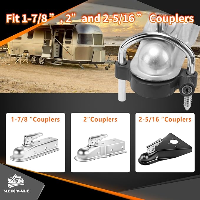 METOWARE Keyed Alike Trailer Hitch Lock Set, Fits 1-7/8", 2'' 2-5/16" Coupler, with 1/2'' and 5/8" Dia Dual Bent Pin Hitch Lock, 1/4'' Dia Span Coupler Lock