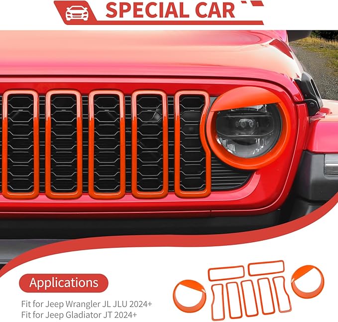 Front Grill Inserts Front Headlight Cover Kit fit for Jeep Wrangler JL JLU Gladiator JT 2024+ Exterior Accessories,Orange