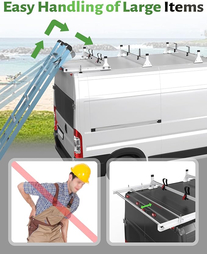 StarONE 57" Heavy Duty Steel Van Roof Rack,Van Ladder Rack with Rear Cargo Roller Fit for 2013-2023 Ram Promaster,White,3 Bars,800lbs