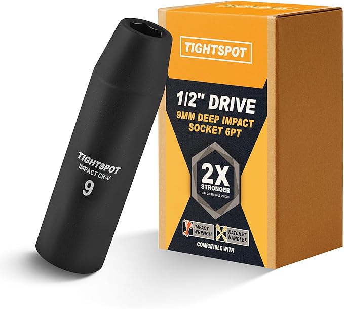TIGHTSPOT 1/2 Inch Drive 9 mm Deep Impact Socket with Anti-Rounding 6 Point Design, Heat-Treated CRV Steel