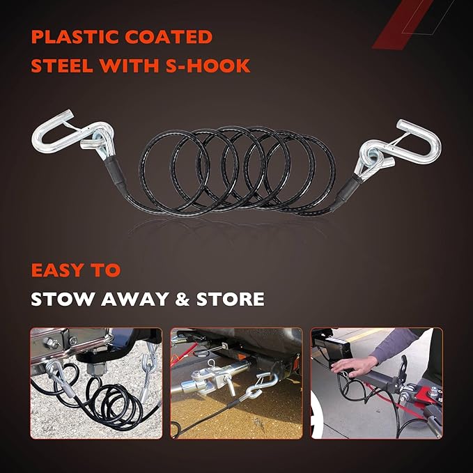 BX88196 Coiled Safety Cable Kit with S-Hook | 7500 lbs,7 Ft(84") Black Trailer Safety Cables(2 PCS)