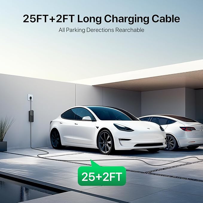 Level 2 EV Charger for Tesla NACS 32A 240V Level 2 EV Charger with NEMA 14-50 Plug 25FT Cable Mobile Charging Station 15-32 Amps Adsjutable Vechicle Charging Stations for All Teslas