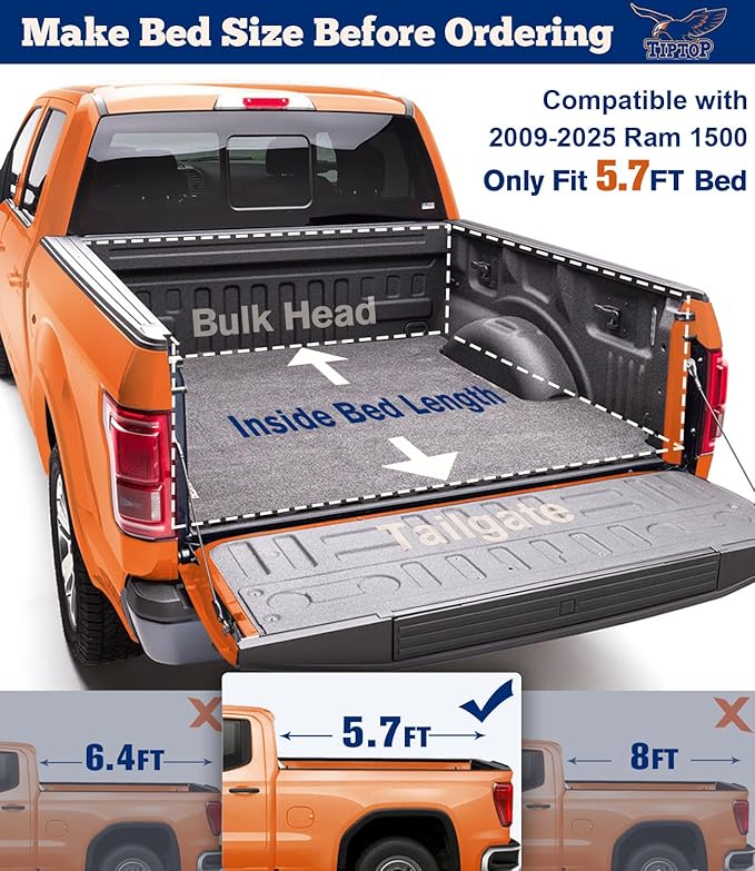 TIPTOP Low Profile Hard Folding Truck Bed Tonneau Cover Fits 2009-2025 Ram 1500 with 5.7 ft Bed (67.4") with RamBox |TLX3|