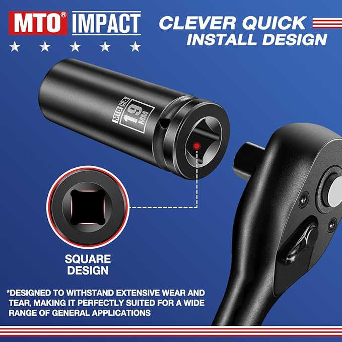 MTO 1/2" Drive 19mm Deep Impact Socket, 6-Point Metric Socket for Automotive Maintaince, CR-V Steel Meets ANSI Standards