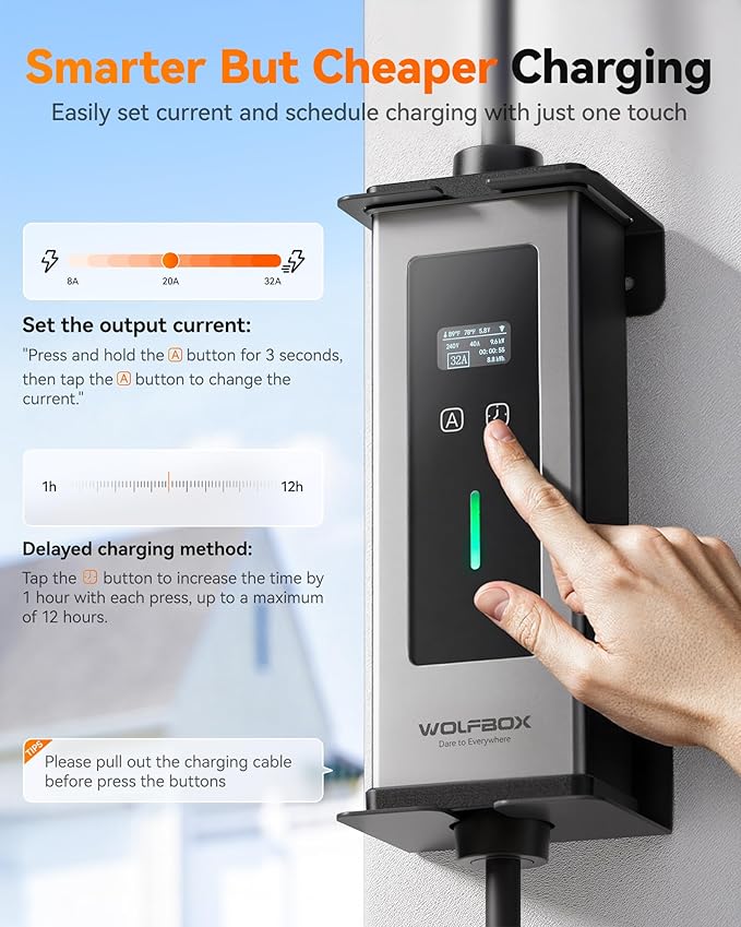WOLFBOX Level 1&2 Tesla Charger 32A,Portable ev Charger Station with ETL Certified,25FT Cable,NACS,208V-240V,NEMA 14-50R Plug Adapter(PE32T)