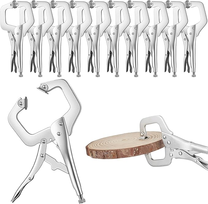 Yexiya 10 Pcs Locking C Clamp, Locking Pliers Adjustable Welding Clamp with Regular Tip and Swivel Pad for Shop Home Farm and Auto Workshop Woodworking, Cabinetry, Repair (4 Inch)