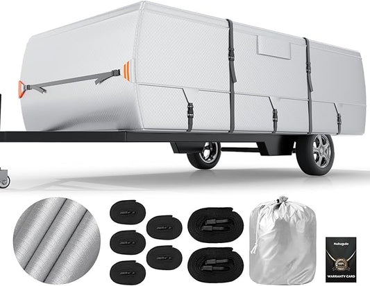 Oxford Fabric Pop Up Folding Camper Cover 12'-14' Super Waterproof Tear-Resistant Anti-UV Tent Trailer Cover for Winter Snow with Reinforced Corners, 5+2 Windproof Straps, Storage Bag