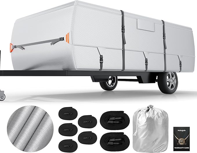 Oxford Fabric Pop Up Folding Camper Cover 10'-12' Super Waterproof Tear-Resistant Anti-UV Tent Trailer Cover for Winter Snow with Reinforced Corners, 5+2 Windproof Straps, Storage Bag