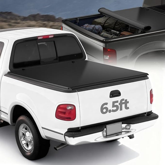 Auto Dynasty Soft Roll-up Truck Bed Tonneau Cover Compatible with 1997-2003 Ford F-150, 2004 F150 Heritage 6.5Ft/78Inch Fleetside Styleside Bed, Matte Black Soft Vinyl Top
