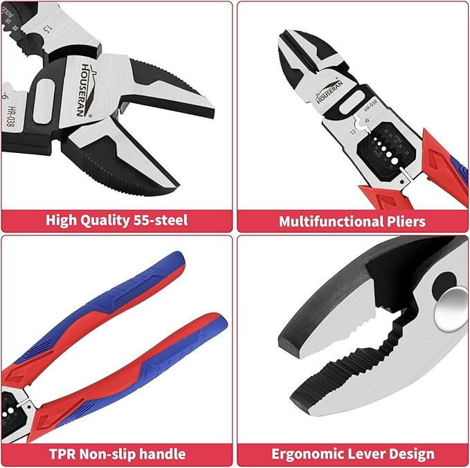 5-Piece Pliers Set with Case Including 8-In and 10-In Slip Joint Plier, 8.4” Needle Nose Plieres, 8.4” Linesman, 8.6” Diagonal Wire Cuters for DIY & Home Use