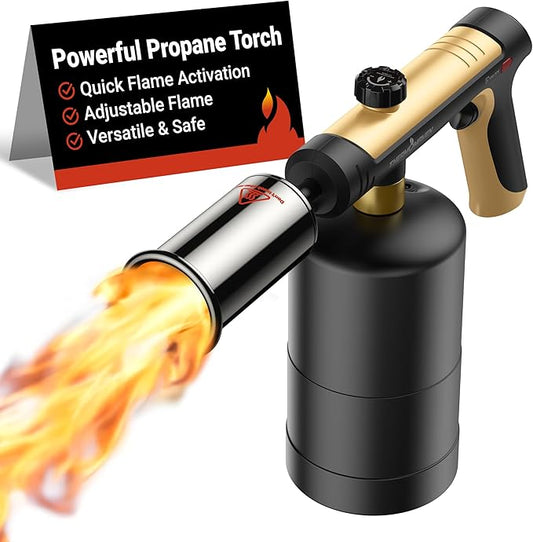 ThermoMaven Propane Torch with One-Touch Max Fire, Cooking Blow Torch Gun with a Safety Lock, Charcoal Lighter, Flame Thrower, Kitchen Food Torch Head for Grill, Sous Vide, BBQ, Gold