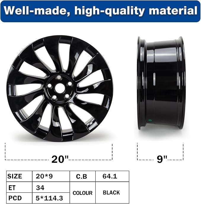 New 20'' x 9'' Aluminum Alloy Replacement for OE Wheel Rim Compatible with Model 3 2021-2022 - Direct Fit Machined Black