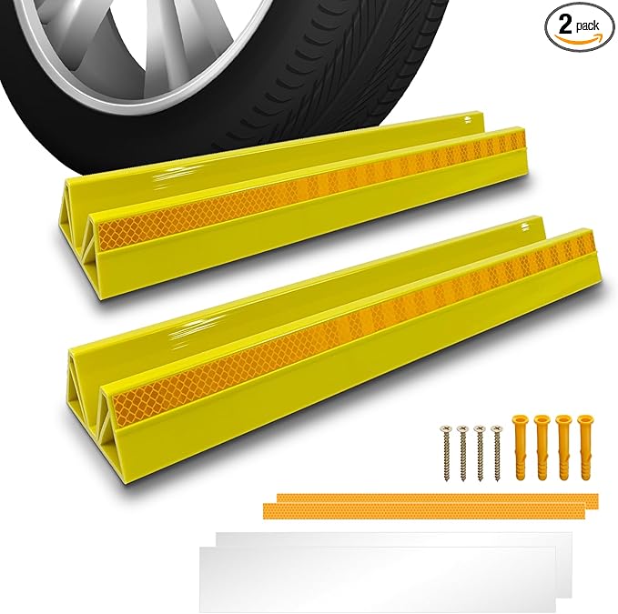 2 Pcs 18'' Parking Car Wheel Stopper for Garage with 2 Installation Methods, Heavy Duty Tire Stops with Reflective Tapes, Car Parking Aids for Garage, Yellow