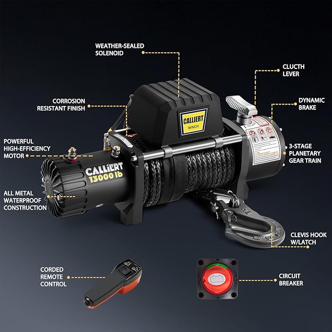 CALLIERT Winch 13000 lb. Load Capacity Electric Winch Kit 12V Synthetic Rope, with Wireless Handheld Remote and Corded Control Recovery Waterproof IP66 Off Road Winch for Jeep, Truck, SUV