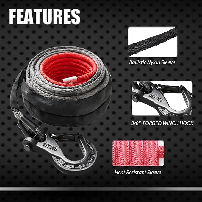 Synthetic Winch Rope Extension 3/8 inch x 80 feet with 24,000 Lbs Strength, Protective Sleeve, Heavy Duty Hook and Safety Pull Strap for Off Road Vehicle SUV Gray