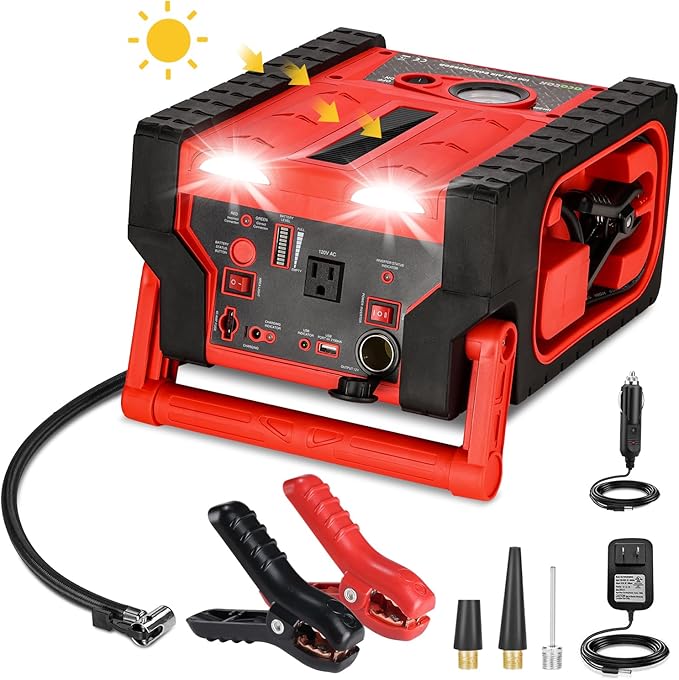 2000A 12V Solar Car Battery Jump Starter-20000 mAh Portable Power Station with 100 PSI Faster Air Compressor, 400W Inverter AC/DC/USB Ports and LED Lights, for Up to 10L Gas and 8.5L Diesel Engine