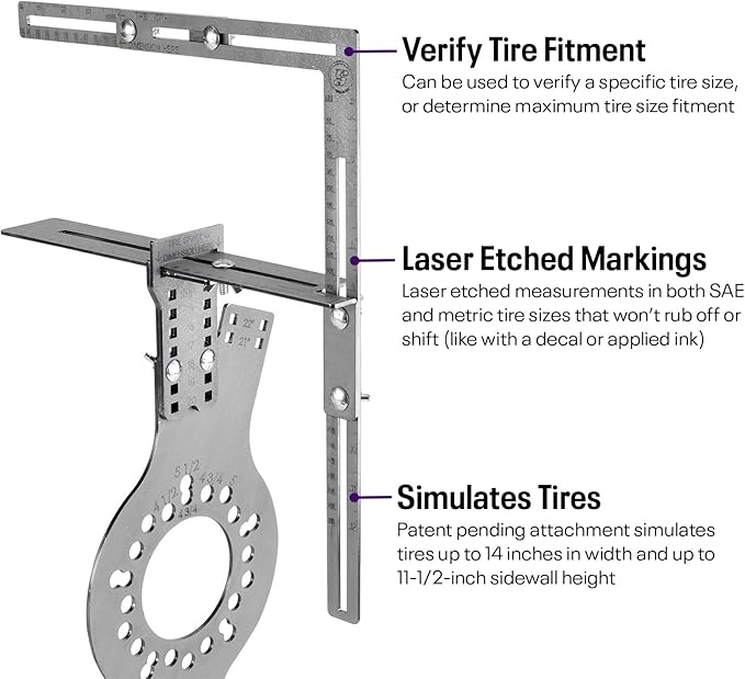 Speedway Motors WheelWise™ 5-Lug Wheel Fitment Tool with Tire Size Attachment, Simulates 14-22 Inch Rim Diameter, 8-14 Inch Tire Width, 2.5-11.5 Inch Sidewall, Laser Cut Steel
