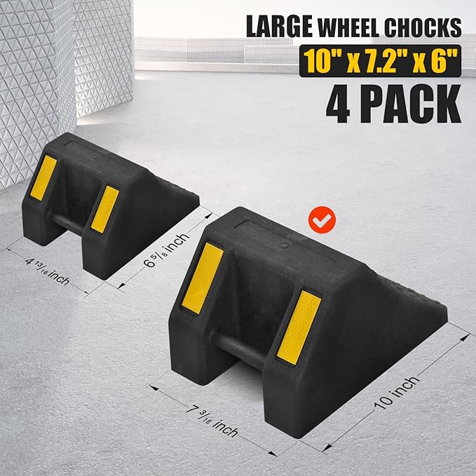 Heavy-Duty Rubber Wheel Chocks, Ergonomic Portable Durable Wheel Chock with Handle, Wheel Wedge, Wheel Stopper for Cars, Motorcycles, Travel Trailers (Large - 4Pack)