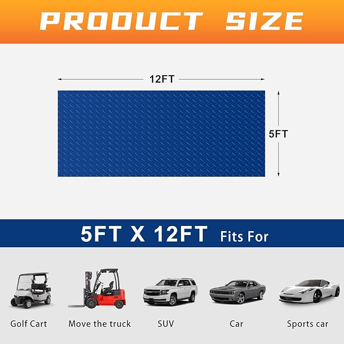 Boshen 5x12FT Garage Floor Mat, 2.5mm Thickened Diamond Plate PVC Rubber & Vinyl Flooring Roll, 60 SQFT Non-Slip Rubber Garage Mat for Floor Under Car Protection - Blue