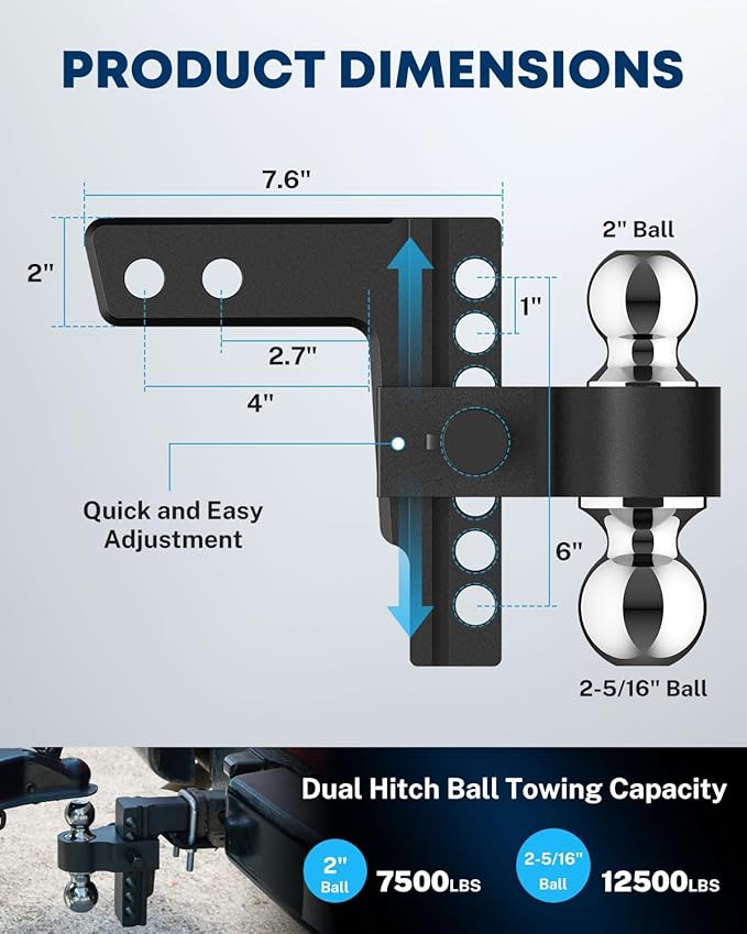 Kohree 6 Inch Adjustable Trailer Hitch Fit 2 Inch Receiver, Drop & Rise Heavy Duty Aluminum Tow Hitch with 2" Hitch Tightener & 2 Anti-Theft Locking Hitch Pins, Dual Ball 2" & 2-5/16"(12,500 LBS GTW)