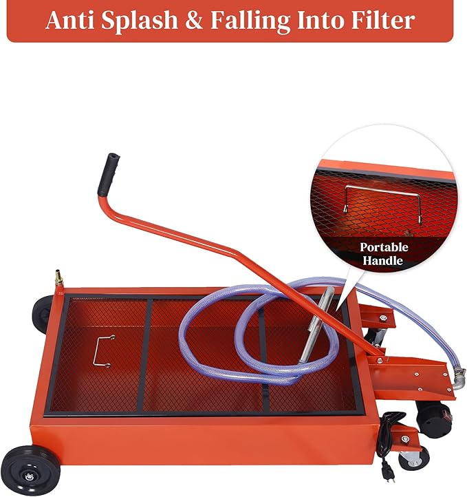 17 Gallon Oil Drain Pan with Electric Pump, Low Profile Oil Pans for Truck, Car Changing Oil, Foldable Handle/7 Ft Evacuation Hose/Swivel Casters Wheels