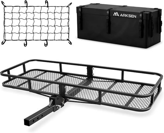 ARKSEN 60 x 23 x 5.5 Inch Folding Hitch Cargo Carrier with 500D PVC Waterproof Cargo Bag & Net, 500 Lbs Capacity Heavy Duty 2 Inch Receiver Luggage Basket for SUV, Pickup Truck, Camping & Travel