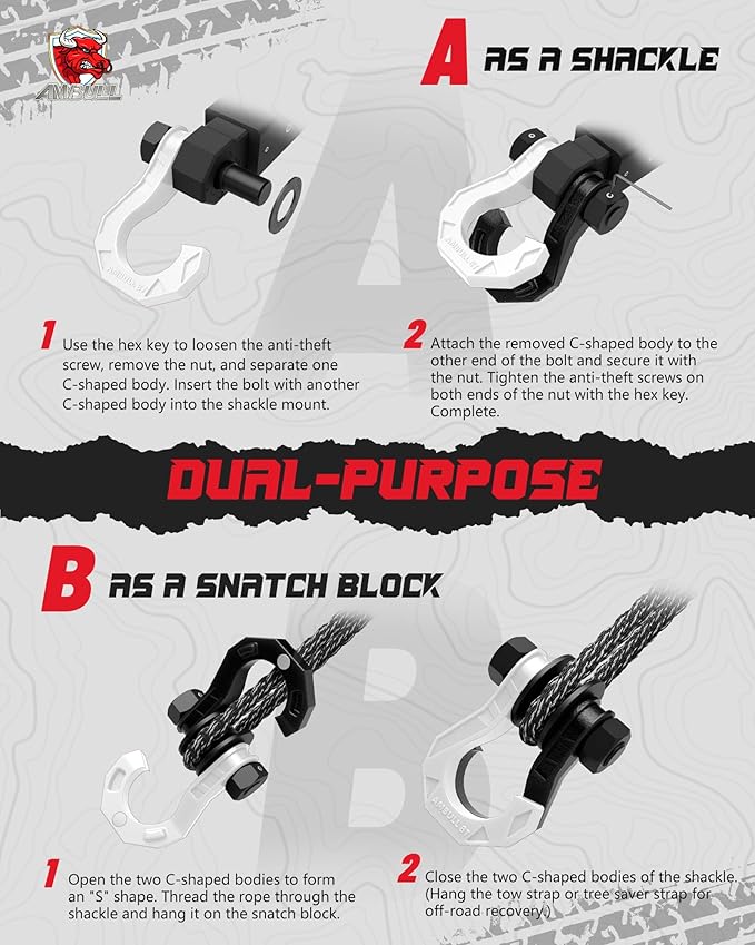 D Ring Separate Shackle with Snatch Block, 3/4" Easy Open Shackles w/Snatch Block Pulley, Heavy Duty Shackle for Towing Winch, Pulley for Off-Road Vehicle Recovery, Truck, ATV, UTV, Blackwhite