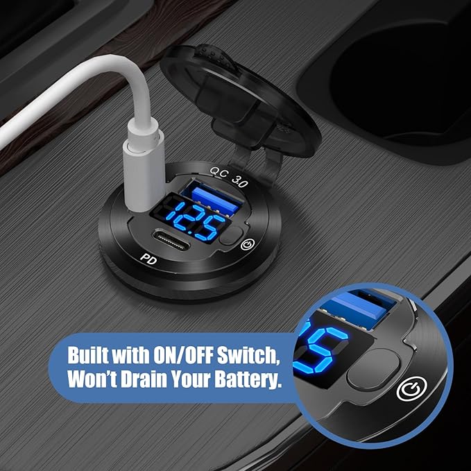 12V USB Car Socket Round USB C 12V Outlet, 3-Port Marine Fast Charger Waterproof Cigarette Outlet Replacement Aluminum with Switch & Voltmeter, Suitable for Boat Golf Cart RV Motorcycle Truck