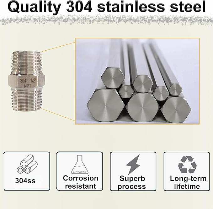 1" NPT Male Hex Nipple Pipe Fittings, 304 Stainless Steel 1 inch Threaded Pipe Adapter Fittings Equal Nipples Connectors, 4pcs Male Straight Connector Pipe Fitting