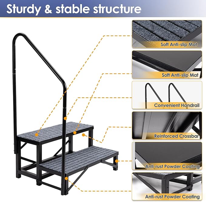 2-Step RV Steps with 1 Handrail, Heavy-Duty RV Stairs for Camper, Hot Tub, Trailer & Porch with Non-Slip Mats