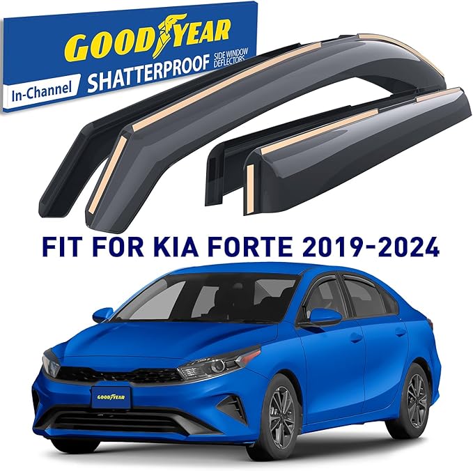 Goodyear Shatterproof in-Channel Window Deflectors for Kia Forte 2019-2024, Rain Guards, Window Visors for Cars, Vent Deflector, Car Accessories, 4 pcs - GY008163
