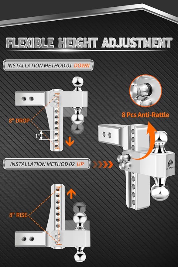 METOWARE Adjustable Trailer Hitch - Aluminum Tow Hitch Fits 2.5-Inch Receiver - Heavy Duty Drop Hitch with 8-Inch Drop/Rise for Truck (18,000 LBS GTW), Double Stainless Steel Locks & Hitch Pin