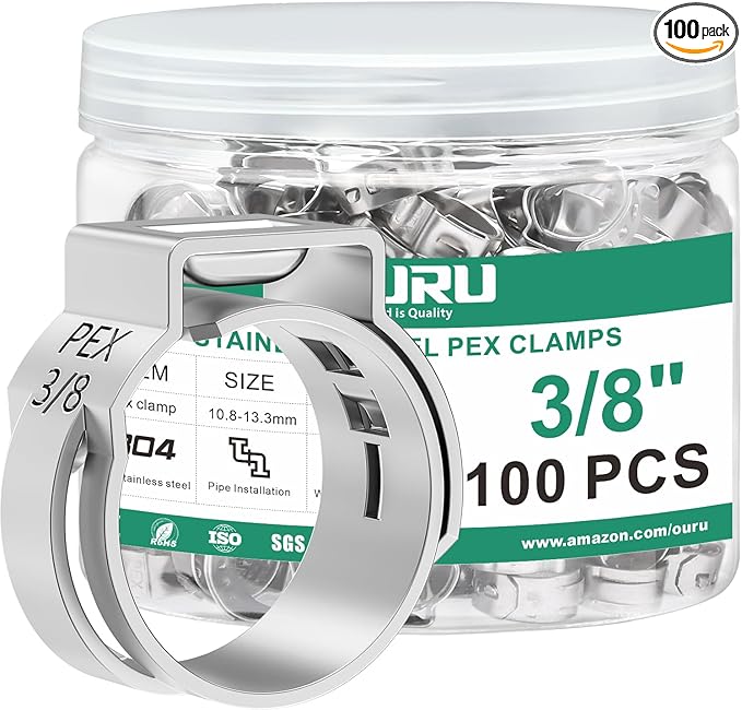 100PCS 3/8 Pex Crimp Ring,304 Stainless Steel Pex Cinch Clamps,Single Ear Hose Clamps for Pex Fittings Pipe Tubing