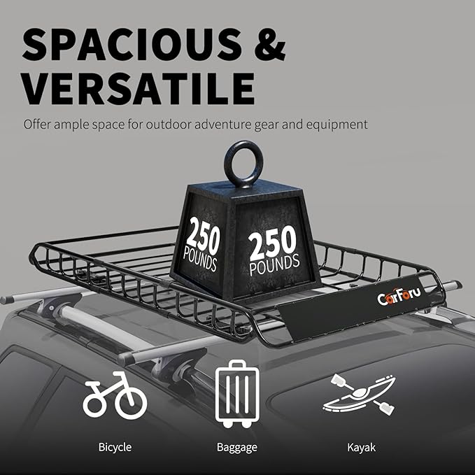 Roof Rack Basket 51″ X 36″ X 5″ Universal Rooftop Cargo Basket, 250LB Heavy Duty Cargo Basket Car Roof Basket for SUV, Truck, Cargo Net with Attachment Hooks, 2pcs Ratchet Straps