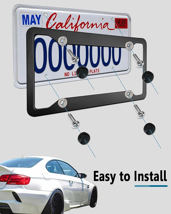 Black License Plate Frames- 2 Pack Aluminum Front & Rear Auto Car Tag Holder, Heavy Duty Bracket with Mount Hardware, Screws Caps, Rattle Proof Pads (Black