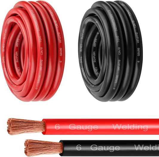 6 Gauge Battery Cable - 10FT Red + 10FT Black 6 AWG Welding Cable Flexible Stranded Oxygen-Free Pure Copper Wire for Automotive, Battery, Inverter, Solar, Marine and Generator