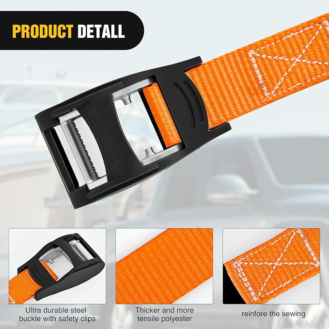 Nilight 1in x 12ft Heavy Duty Lashing Straps 4PCS Adjustable Cam Buckle Tie-Down Straps 1320LBS for Motorcycle Boat RV Cargo Trucks Trailer Luggage Orange&Black