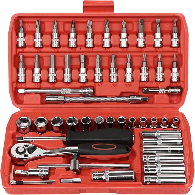 Egofine 53 Pieces 1/4 inch Drive Socket Ratchet Wrench Set with 72 Tooth Reversible Ratchet, with Bit Socket Set and Extension Bar for Auto Repairing and Household, with Storage Case