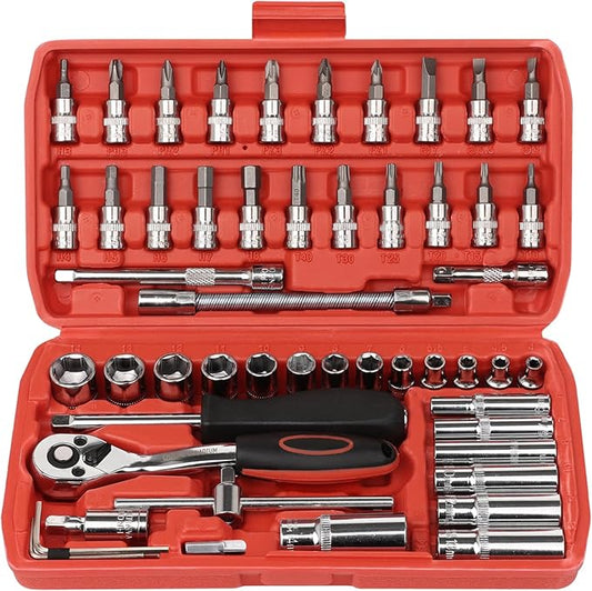 Egofine 53 Pieces 1/4 inch Drive Socket Ratchet Wrench Set with 72 Tooth Reversible Ratchet, with Bit Socket Set and Extension Bar for Auto Repairing and Household, with Storage Case
